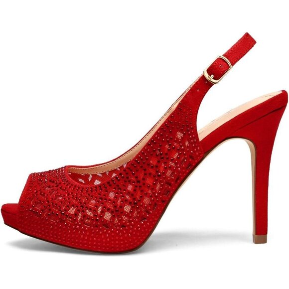 ⭐ Women's High Heels Red Suede Rhinestones Peep Toe Pumps Shoes - Picture 5 of 5